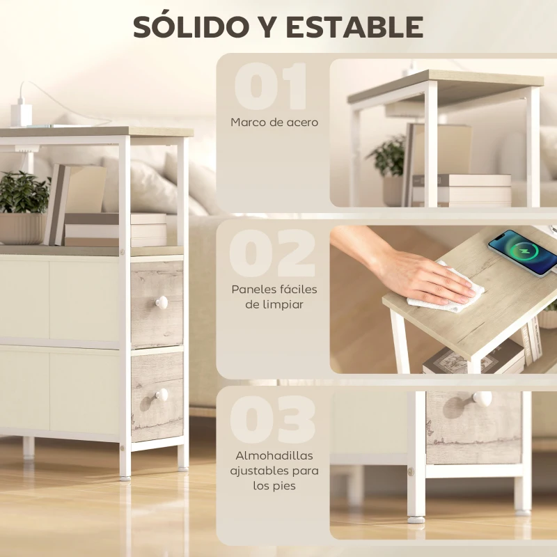 HOMCOM Juego de 2 Mesitas Auxiliares Estrechas con Enchufe Toma AC Puerto USB Puerto USB-C 2 Cajones de Tela Natural