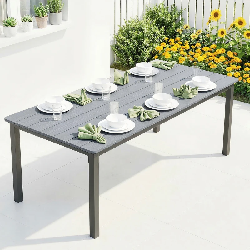 Outsunny Garden Dining Table for 6-8 Person, 180 x 86 cm Rectangular Outdoor Dining Table with Wood Slatted Top, Grey