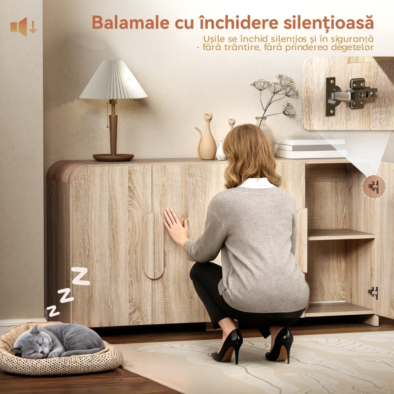 HOMCOM Comodă de Bucătărie cu 2 Dulapuri, Uși Soft-Close și Rafturi Reglabile, 157x39x82 cm, Lemn Natural