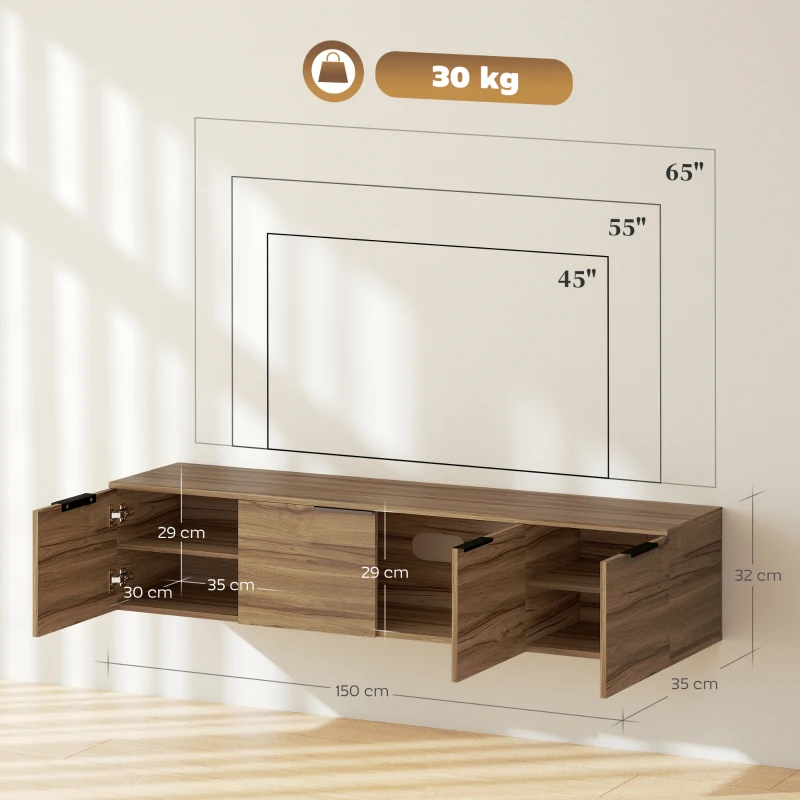 HOMCOM Meuble TV suspendu meuble télé pour téléviseur jusqu'à 65 pouces avec 3 placards à portes, 150 x 35 x 32 cm, marron