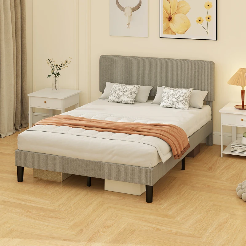 HOMCOM Cadre de lit 140 x 190 cm, sommier à lattes en bois, tête de lit réglable, lit double rembourré en velours côtelé, gris