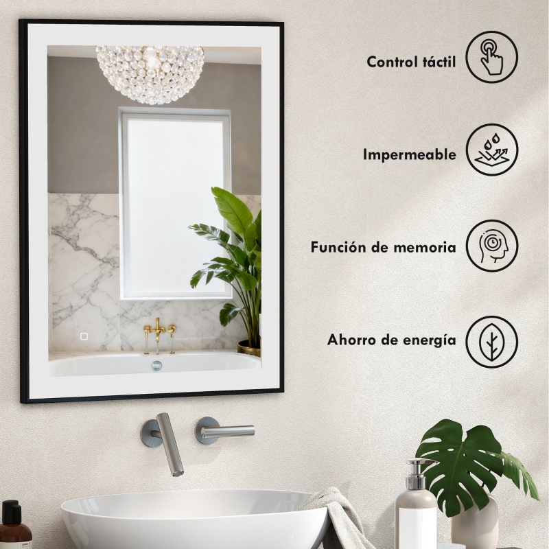 Espejo rectangular negro con funciones inteligentes de control táctil.
