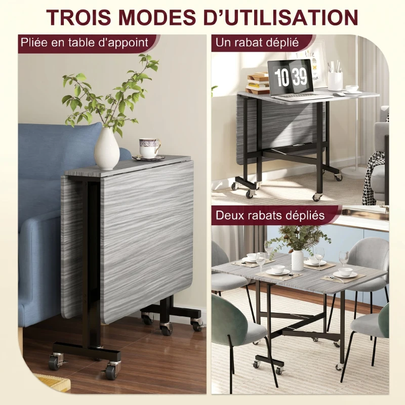 HOMCOM Table à Manger Pliante sur Roulettes pour 4-6 Personnes 120 cm, Roues avec Freins, 2 Abattants, Style Industriel, Gris