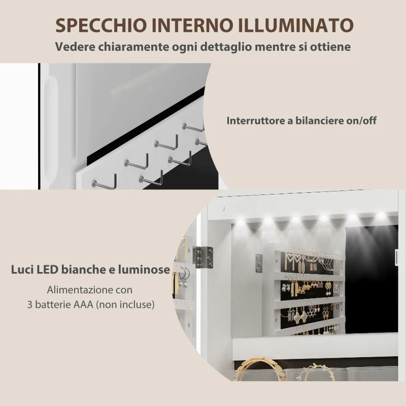 HOMCOM Specchiera Portagioie da Parete e Porta con Specchio Interno Illuminato e Serratura, 37x10x120 cm