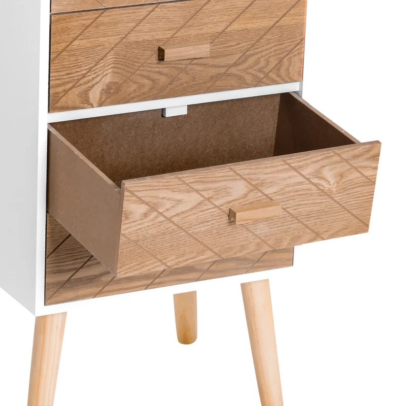 HOMCOM Cómoda con 4 Cajones Cómoda de Dormitorio Mesita de Noche con Patas Elevadas para Salón 40x30x75 cm Blanco y Natural