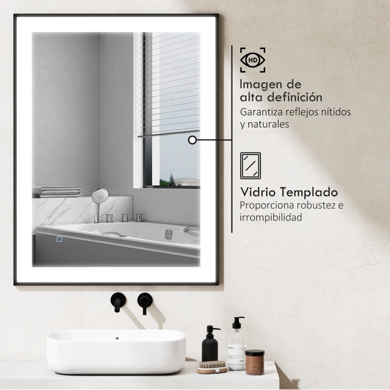 HOMCOM Espejo de Baño con Luz LED 80x60 cm con 3 Colores de Luz Función Antivaho Función de Memoria IP44 Horizontal/Vertical