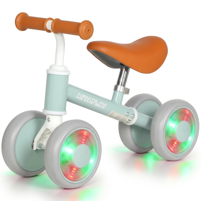 AIYAPLAY Baby Balance Bike for 1-2 Years Old, Light-up Toddler Balance Bike with Adjustable Seat, 4 Silent EVA Wheels, Green