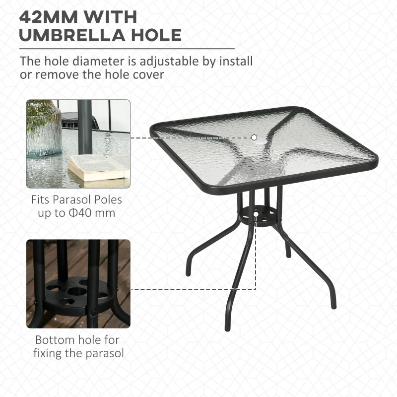 Outsunny Square Garden Dining Table with Tempered Glass Top & Umbrella Hole, 76 x 76 cm