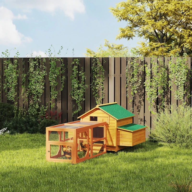 PawHut 2 Piece Wooden Chicken Coop and Run Set, Poultry Run Cage with Nesting Box, Slide-Out Tray, for 4-8 Chickens, Yellow