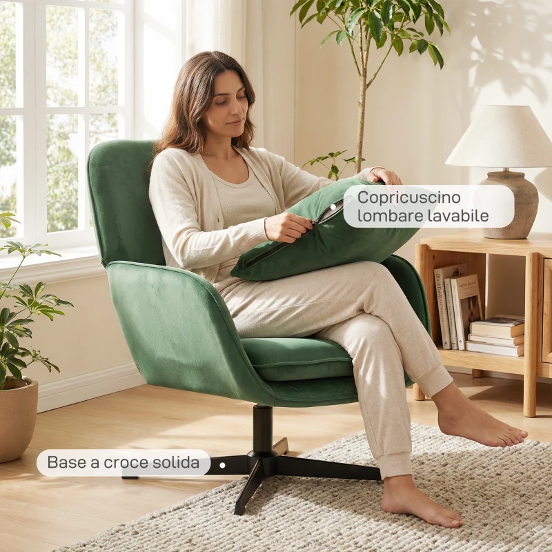 HOMCOM Poltrona da Salotto Girevole con Cuscino Lombare e Rivestimento in Tessuto Effetto Velluto, Verde