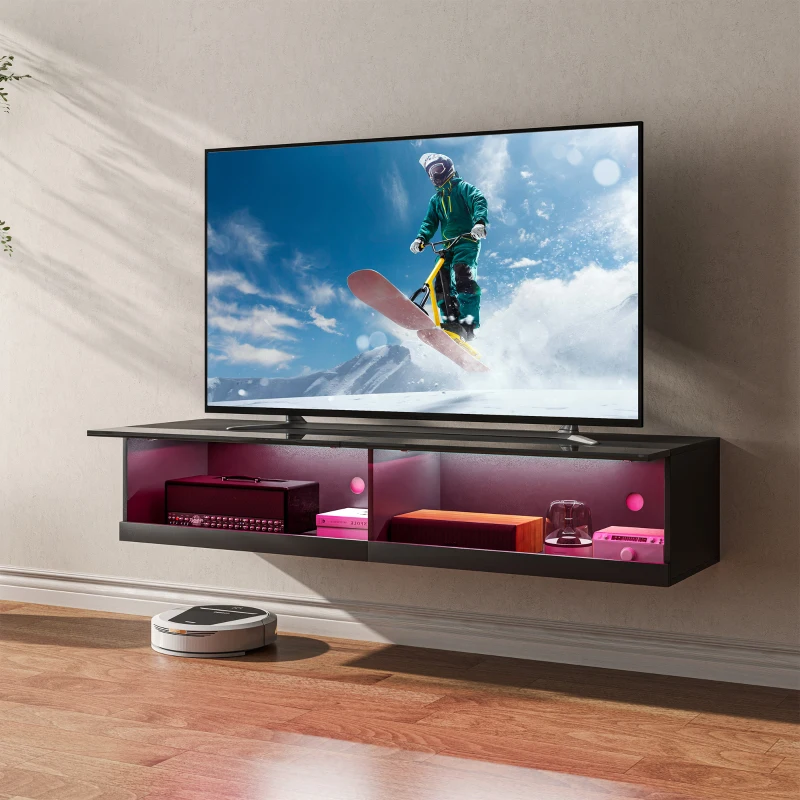 HOMCOM Meuble TV banc TV mural suspendu LED style contemporain - placards avec 2 portes battantes et 2 passe-câbles en bois