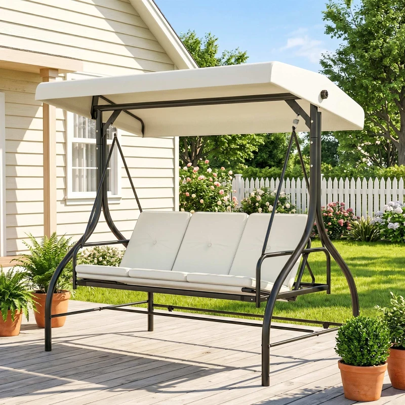 Outsunny 3 Seater Garden Swing Chair, 2 in 1 Convertible Patio Swing Seat Bed with Adjustable Canopy, Cushions and Metal Frame, Outdoor Hammock Bench Chair for Balcony, Terrace, Cream White