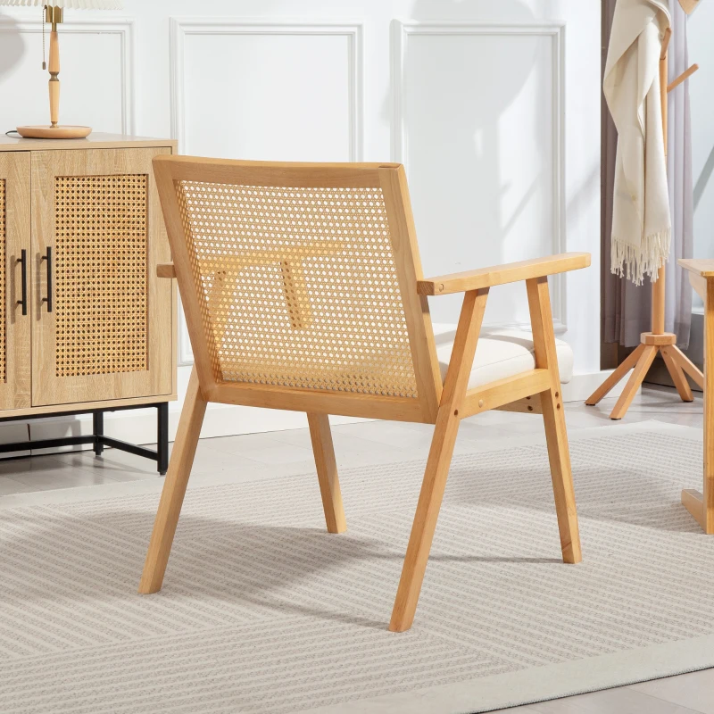 HOMCOM Fauteuil de salon en bois, chaise cannage avec dossier en rotin et coussin rembourré et accoudoirs, bois naturel
