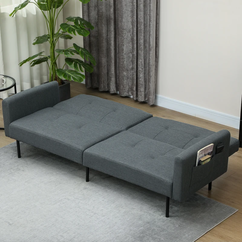 HOMCOM Canapea Extensibilă Click Clack cu Spătar Reglabil din Material Textil cu Aspect de In, Lemn și Oțel, 200x77x72 cm, Gri