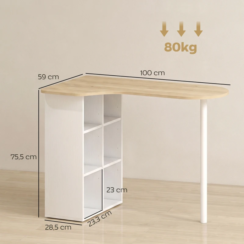 HOMCOM Unregelmäßiger Schreibtisch 100 x 59 cm mit 6 Fächern, 4 verstellbaren Regalen und Stahlgestell, Eiche