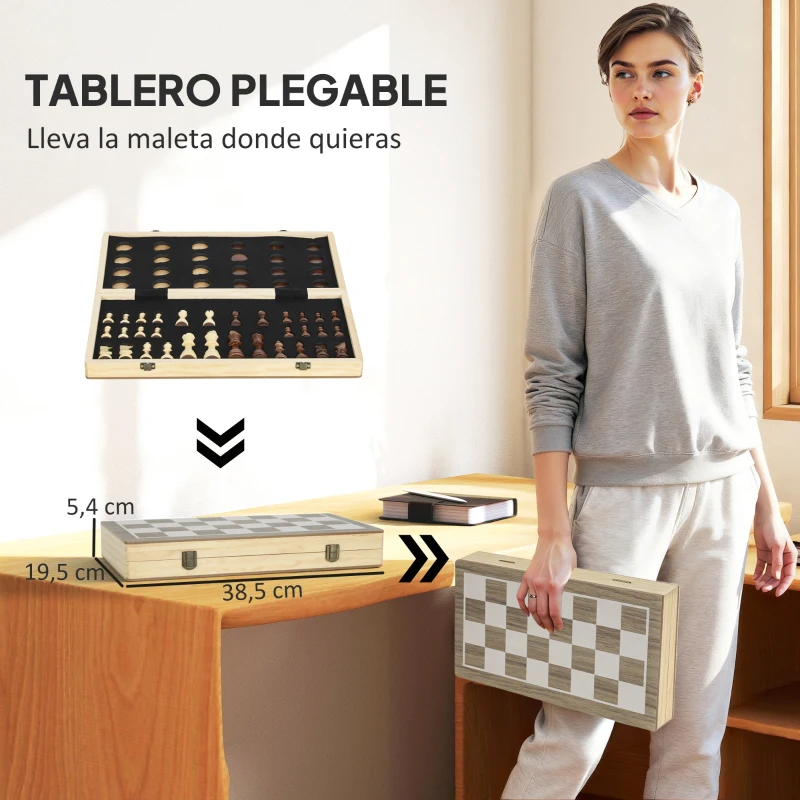 SPORTNOW Juego de Ajedrez Internacional y Damas de Madera 2 en 1 Plegable con Piezas de Pino y Ranuras de Almacenamiento Nogal