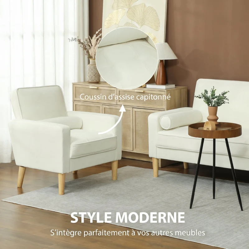 HOMCOM Fauteuil de salon en velours, canapé 1 place rembourré avec assise large, pour chambre, salon, petit espace, crème