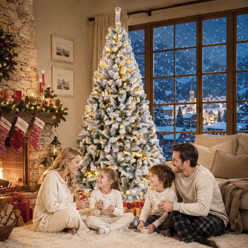 HOMCOM Árbol de Navidad Nevado con 240 Luces LED Blanco Cálido 200 cm 850 Ramas Ignífugas Abatibles Base Metálica Plegable