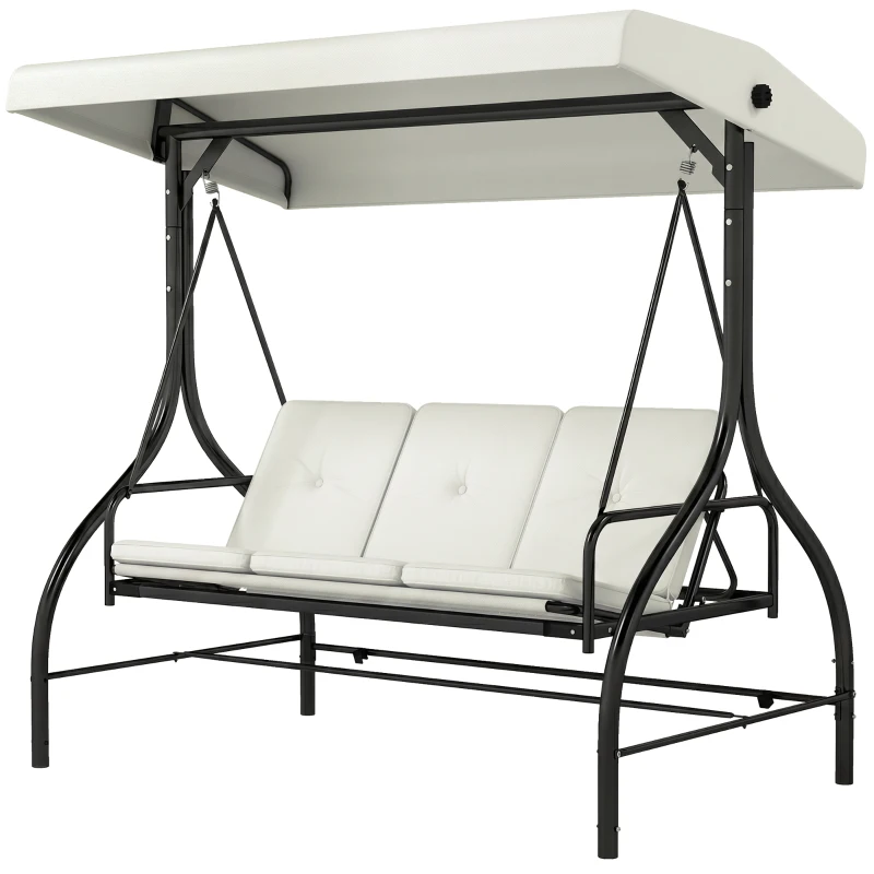 Outsunny 3 Seater Garden Swing Chair, 2 in 1 Convertible Patio Swing Seat Bed with Adjustable Canopy, Cushions and Metal Frame, Outdoor Hammock Bench Chair for Balcony, Terrace, Cream White