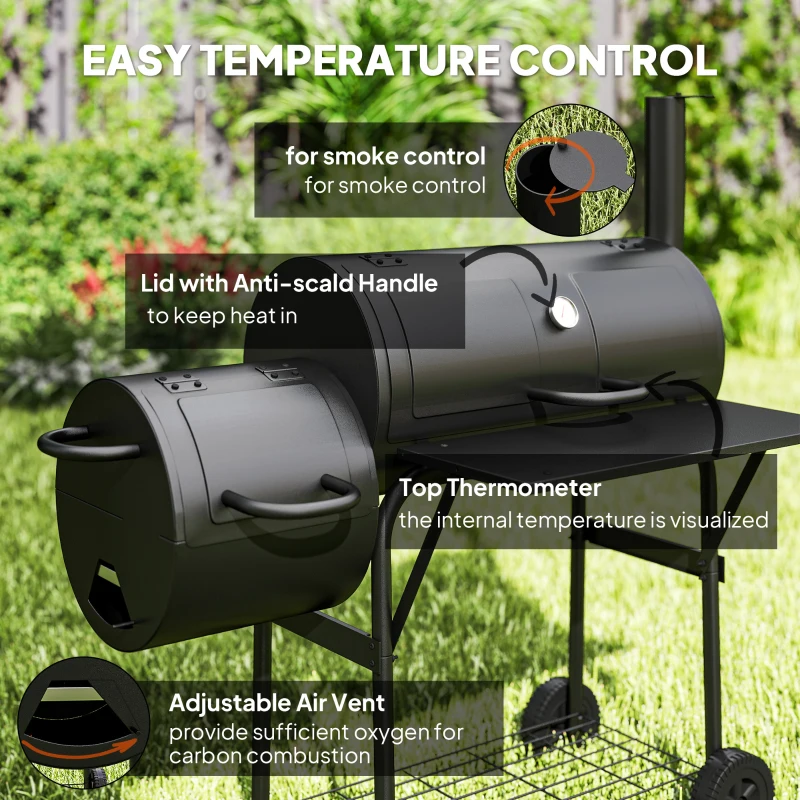 Outsunny Barbecue Grill Portable Outdoor Charcoal BBQ Grill with Offset Smoker 109 x 60 x 120 cm Black
