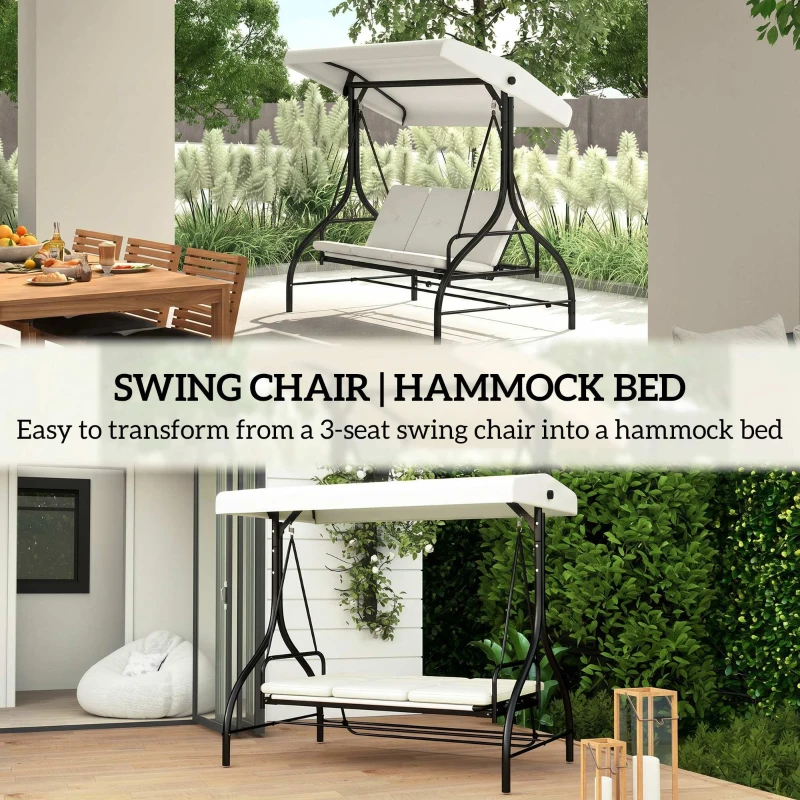 Outsunny 3 Seater Garden Swing Chair, 2 in 1 Convertible Patio Swing Seat Bed with Adjustable Canopy, Cushions and Metal Frame, Outdoor Hammock Bench Chair for Balcony, Terrace, Cream White