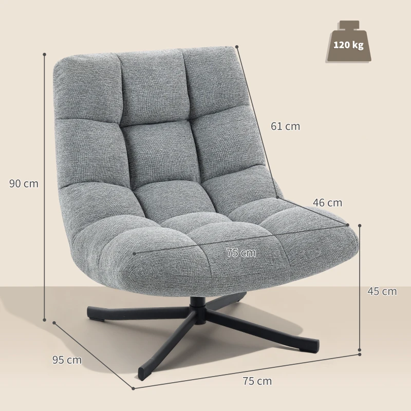 HOMCOM Fauteuil salon sans accoudoirs, chaise pivotante en tissu chenille, assise large, 75 x 95 x 90 cm, gris(m-3)
