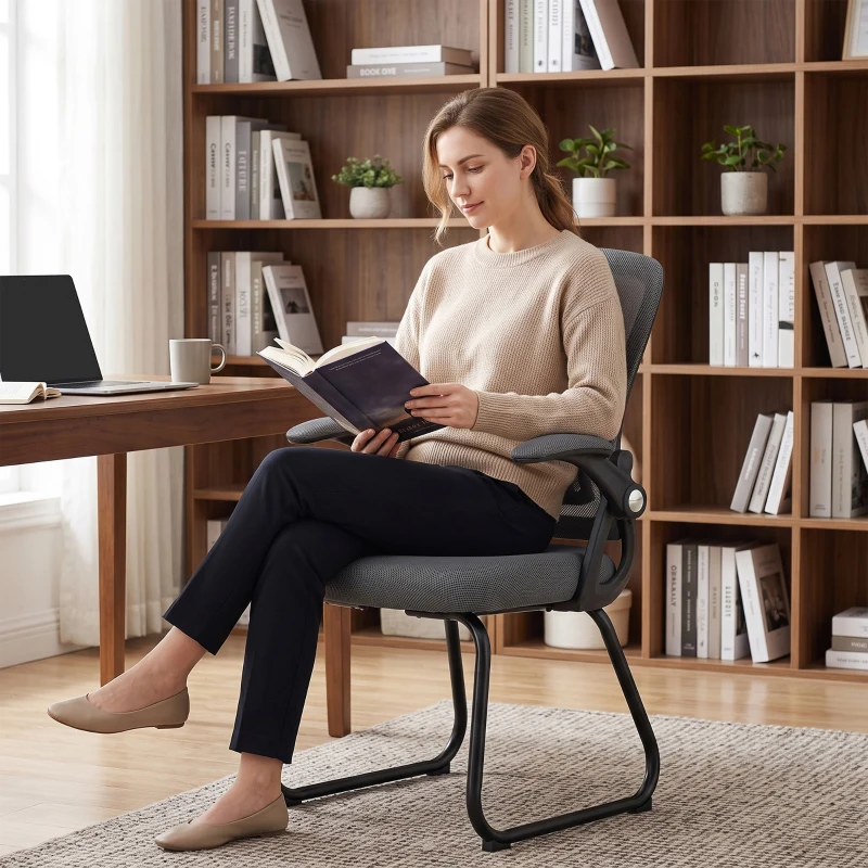 HOMCOM Office Chair, Ergonomic Desk Chair No Wheels with Mesh Backrest and Steel Legs for Home Conference Room, Dark Grey