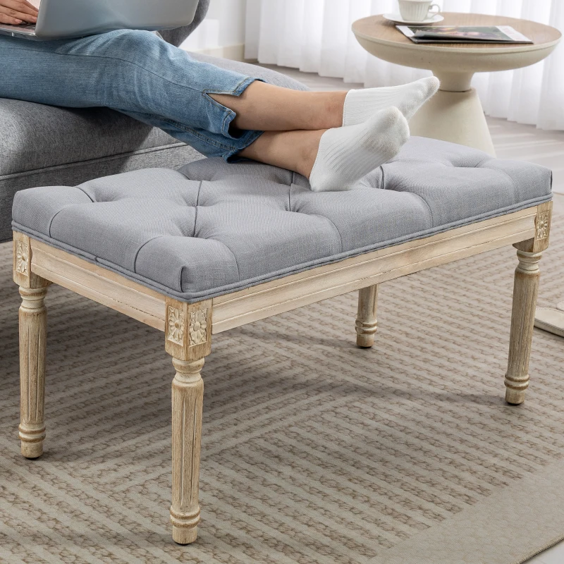 HOMCOM Banco Pie de Cama Tapizado en Lino Sintético con Patas de Madera y Asiento Acolchado Estilo Vintage Gris Claro