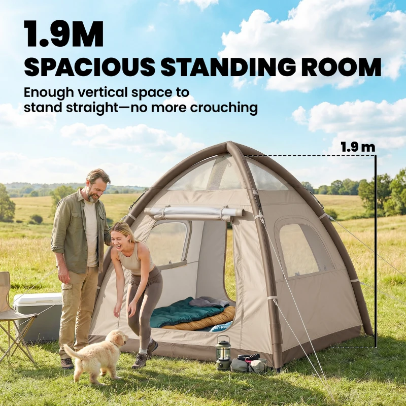 Outsunny Inflatable Camping Tent with Rainfly, 2-3 Man Air Tent 3000mm Waterproof Blow Up Tents, Cream