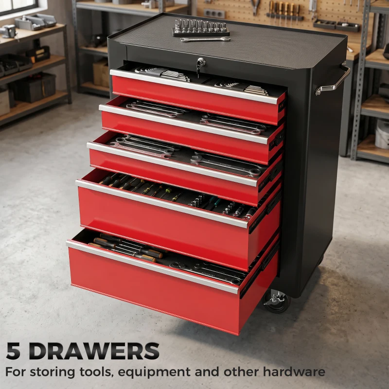 HOMCOM 5-Drawer Tool Chest, Lockable Steel Tool Storage Cabinet with Wheels and Handle Tool Box for Garage, Workshop, Red