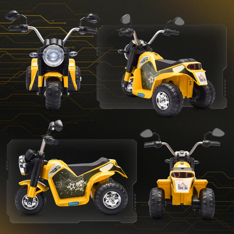 HOMCOM Moto Elettrica per Bambini a 3 Ruote con Luci e Suoni, Batteria Ricaricabile 6V, Velocità 2 km/h, per Bimbi da 18-36 Mesi, 72cmx57cmx56cm Gialla