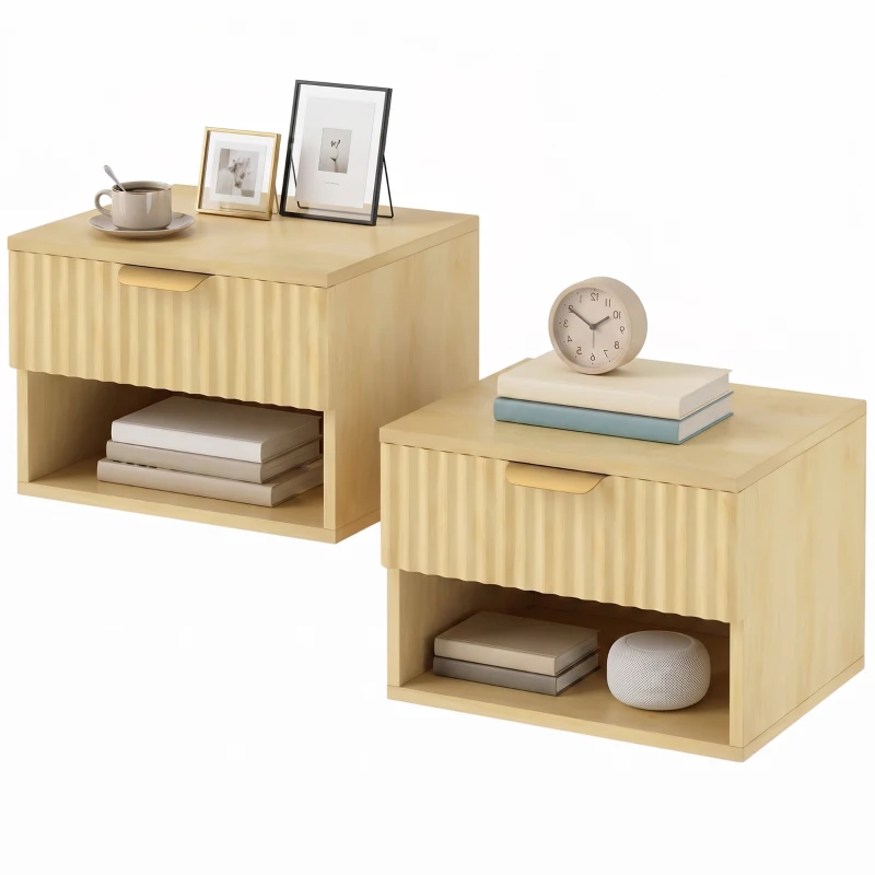 HOMCOM Floating Nightstands Set of 2, Modern Wall-Mounted Bedside Tables with Fluted Drawer and Open Shelf for Bedroom, Oak