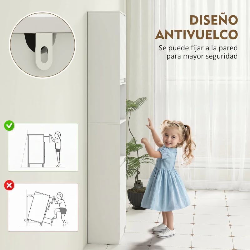 HOMCOM Columna de Baño Estrecha con 2 Puertas y 2 Estantes Abiertos para Espacios Pequeños 30x24x170 cm Blanco