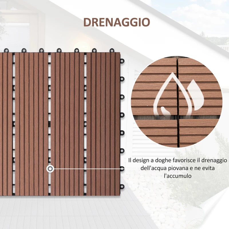 Outsunny Set 11 Piastrelle per Esterni ad Incastro Antiscivolo in HDPE Riciclato, 30x30x2.2 cm, Marrone