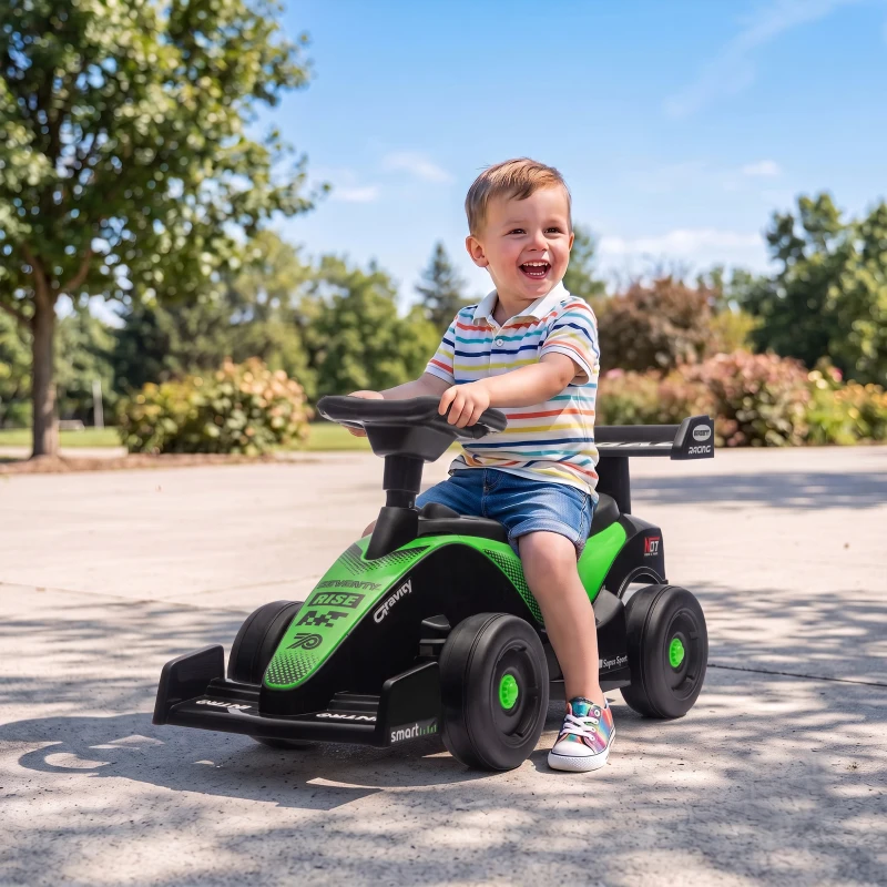 AIYAPLAY Porteur enfants voiture F1, véhicule à pousser avec volant musical, roues silencieuses et coffre, 18-36 mois, vert