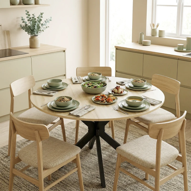 HOMCOM Mesa de Cocina Plegable Redonda para 2-6 Personas con Ala Abatible Marco de Acero Doble X Ø110x76 cm Natural