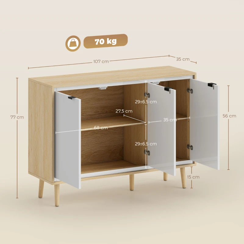 HOMCOM Buffet à haute brillance, meuble de rangement avec 3 portes, étagères réglables, 107 x 35 x 77 cm, blanc et chêne
