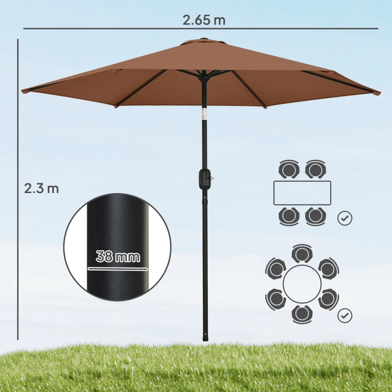Outsunny 2.6 m Garden Parasol Umbrella with Aluminium Pole, Outdoor Patio Umbrella with Tilt and Crank, Vent, Coffee