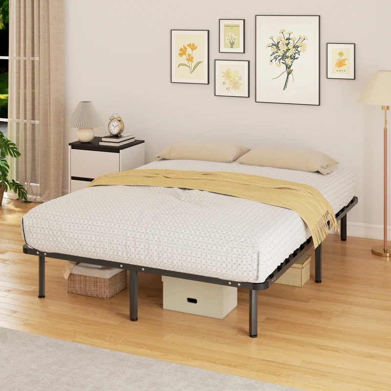 HOMCOM Cadre de lit 140 x 190 cm, lit 2 personnes en bois massif avec sommier à lattes et pied, rangement au-dessous, noir