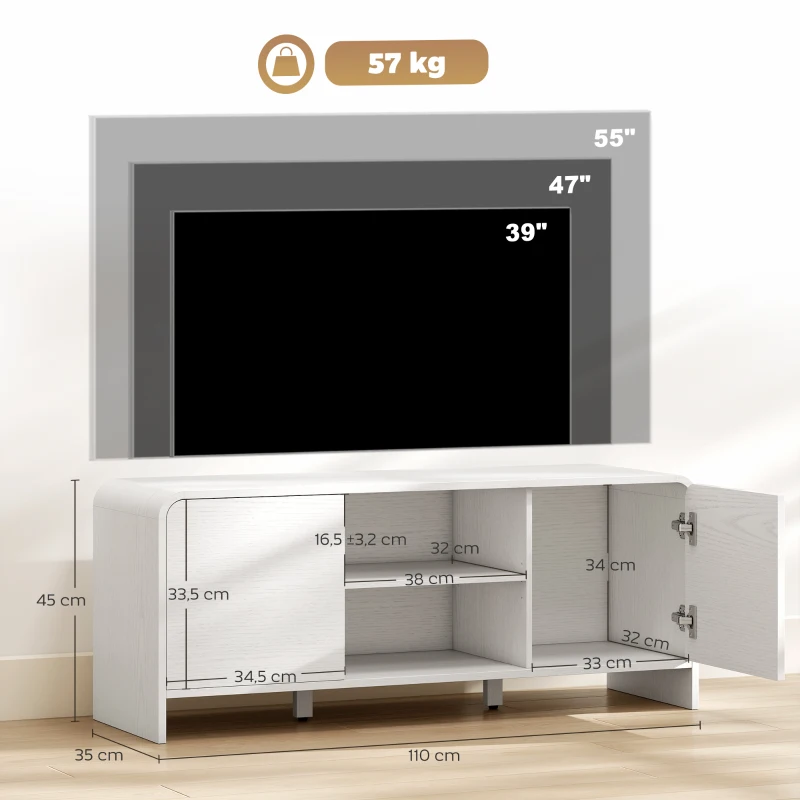 HOMCOM Meuble TV meuble télé pour téléviseur jusqu'à 55 pouces 2 portes 2 compartiments étagère réglable 110x35x45cm blanc
