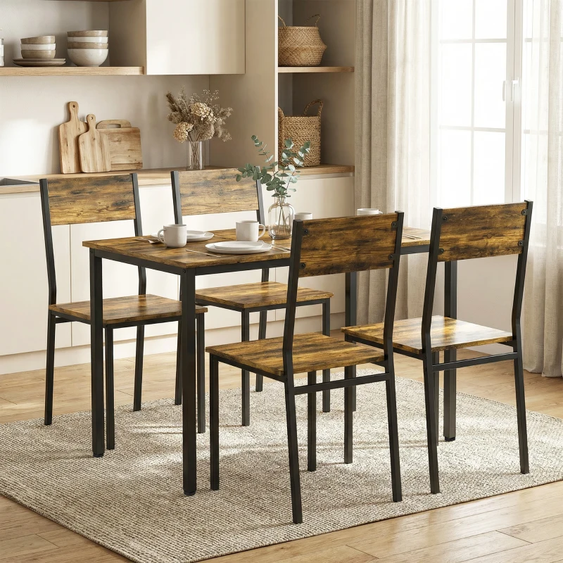 HOMCOM Ensemble table salle à manger avec 4 chaises, table de cuisine avec chaises 4 personnes, pieds en métal, brun rustique