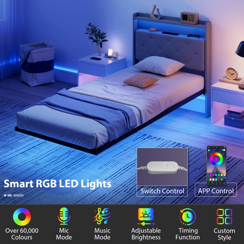HOMCOM Floating Bed Frame, Upholstered 3ft Single Size Bed, Platform Bed with RGB LED Lights and Charging Station, Grey