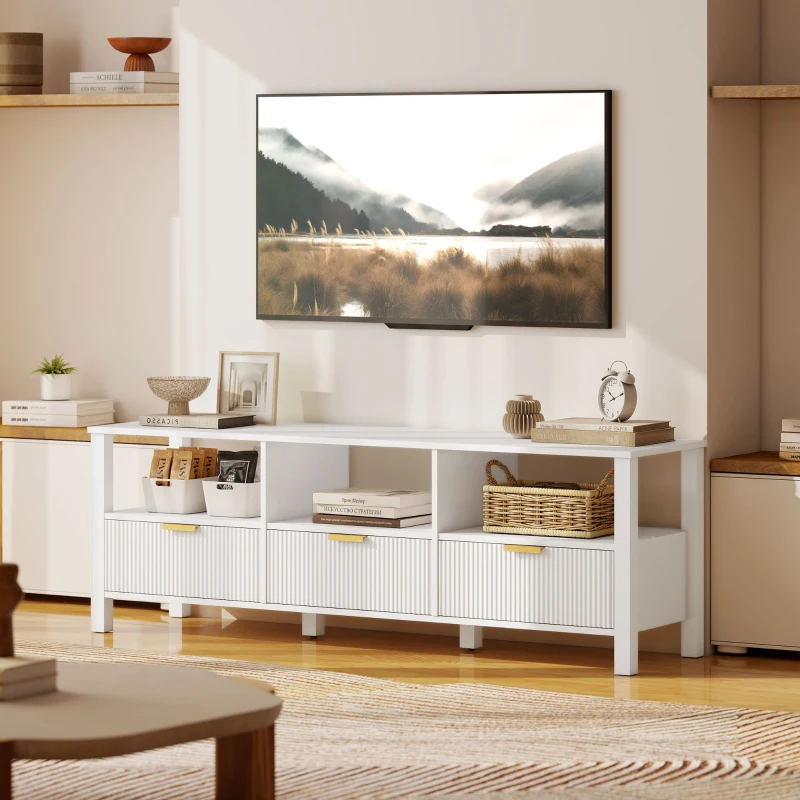 HOMCOM Meuble TV 152 cm, meuble télé pour téléviseur 65 pouces avec 3 tiroirs et 3 étagères ouvertes, 152x39,5x50cm, blanc
