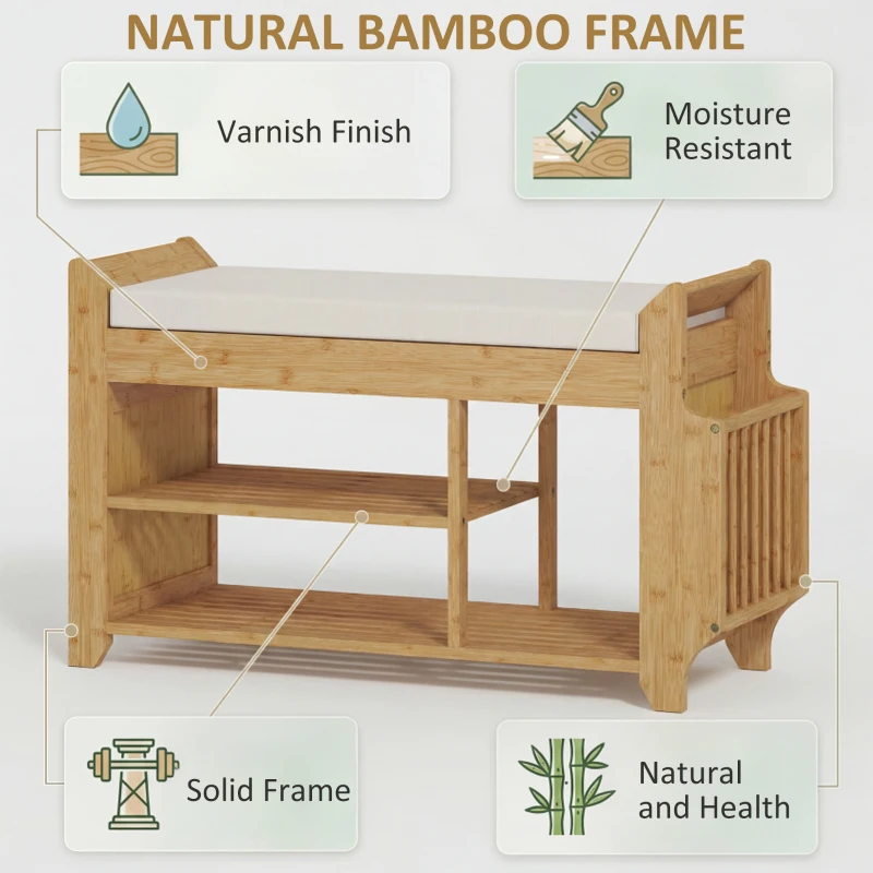 HOMCOM Shoe Bench 2-Tier Boot Section Entryway Storage Bench Cushioned Seat 80 x 30 x 50 cm Natural and Cream
