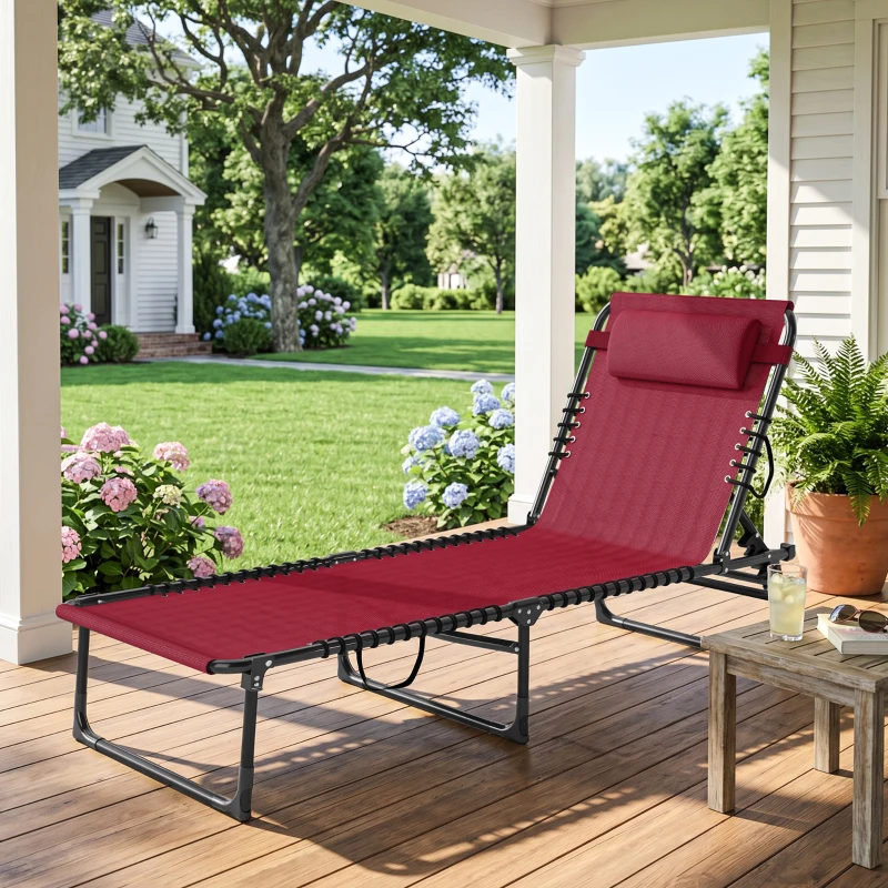 Outsunny Bain de Soleil transat Pliable Dossier inclinable Multi-Positions Acier thermoplastique Lacets élastiques Noir textilène Rouge