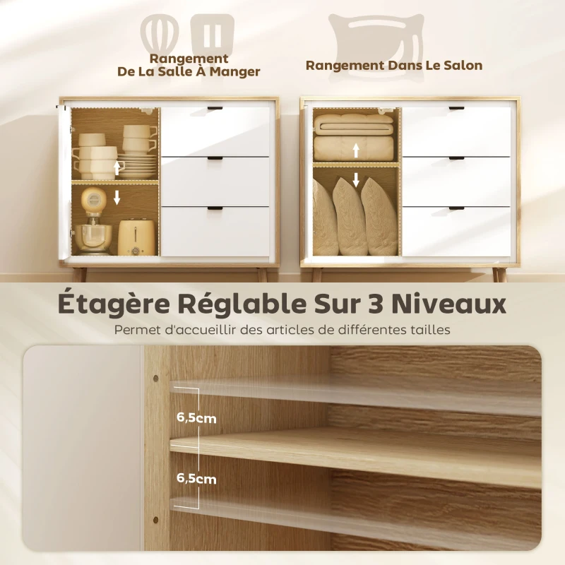 HOMCOM Buffet salon meuble de rangement armoire de cuisine placard à 2 portes 3 tiroirs et étagère réglable, 80x35x77cm, blanc