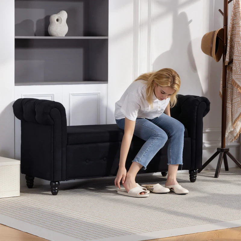 HOMCOM Banc banquette coffre 2 en 1 en tissu aspect lin avec pieds en bois 146,5 x 49 x 72 cm noir(m-9)