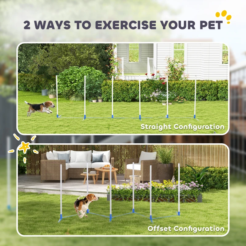 PawHut Dog Agility Equipment Training Adjustable Obstacle Course Set with 6 Weaves Poles Storage Bag for Pet Outdoor Games Exercise