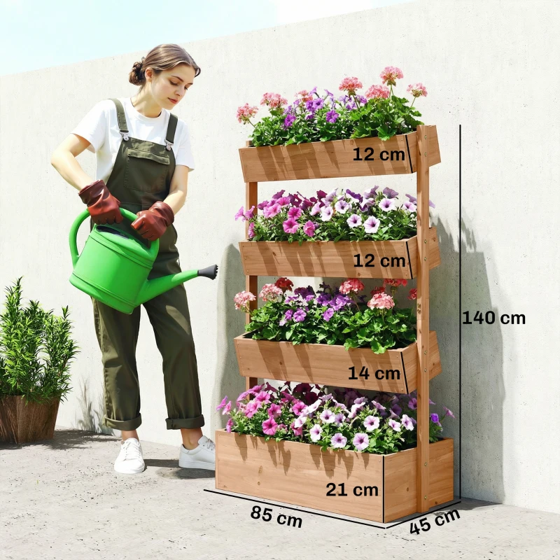 Outsunny Jardinera de Madera de 4 Niveles Jardinera Elevada Exterior con Orificios de Drenaje Tela no Tejida Marrón