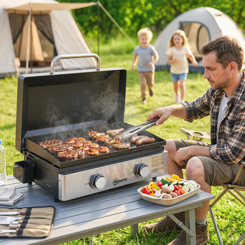 Outsunny 2 Burner Grill Griddle, Portable Gas Plancha, 6 kW, Tabletop Gas BBQ with Grease Cup for Camping Picnic Patios, Black